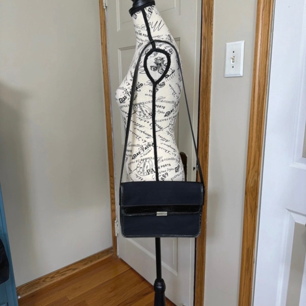 Lauren Ralph Lauren Black Nylon Croc Trim Crossbody Flap Bag Silver Logo Plaque